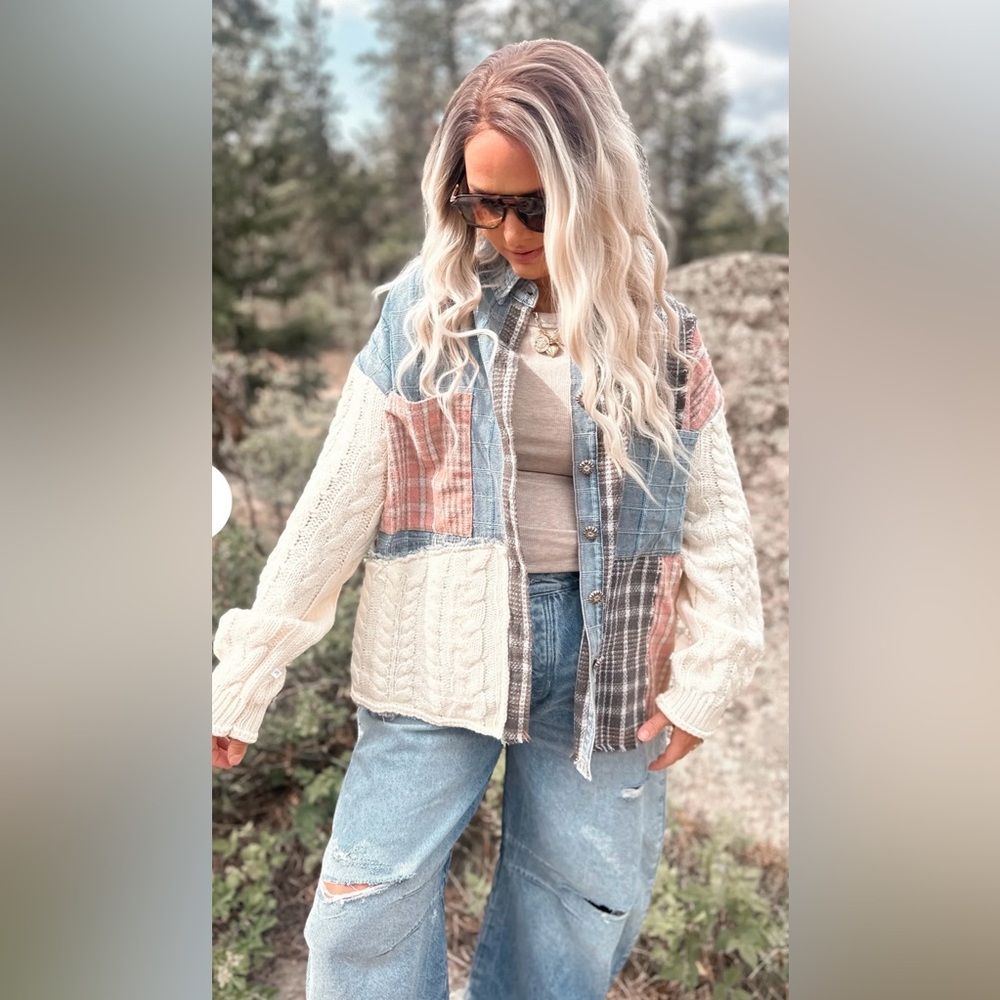 NWT POL Oversized Mixed-Media Patchwork Knit Deni… - image 5